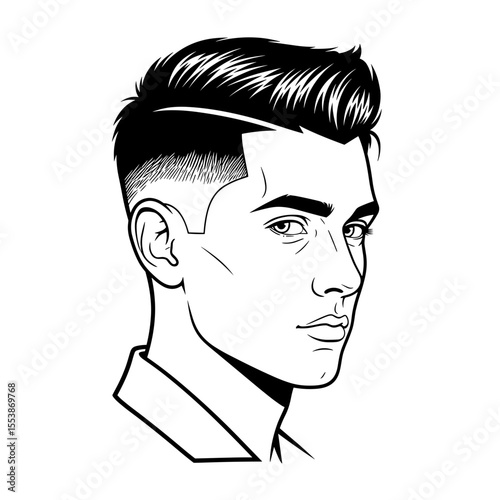 Slicked-back undercut with sharp part line Profile portrait of a man with a fade haircut and stylish look, illustrated in black and white for barbershop theme.