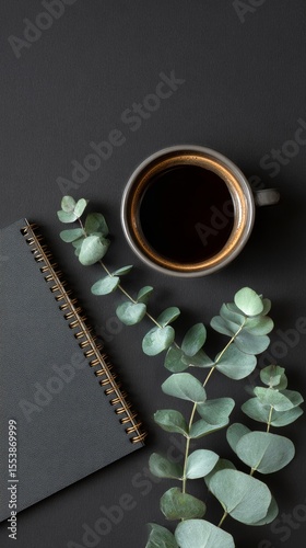 Morning Coffee and Notes With Eucalyptus Leaves on a Dark Table.