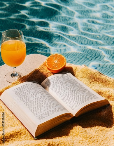 Enjoying a Sunny Afternoon by the Pool With a Book and Refreshing Drink
