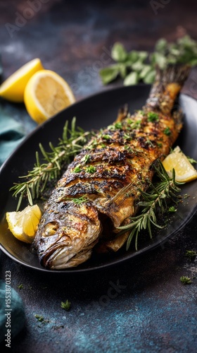 Grilled Fish Served With Fresh Lemon and Herbs on a Black Plate at a Local Re...