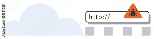 Web browser address bar displays bug alert in red triangle, symbolizing malware risk. Ideal for cybersecurity, internet safety, data protection, malware, online alert, safe browsing, simple flat