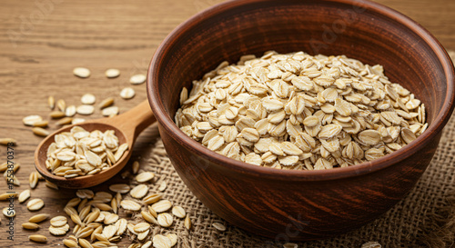 Bowl of rolled oats and a wooden spoon, ingredients for a healthy breakfast,Nutritious rolled oats in a rustic wooden bowl, perfect for a fiber-rich start to the day