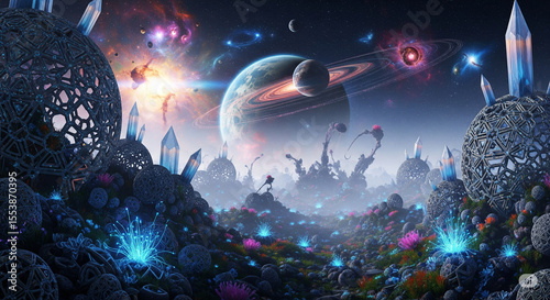 
A surreal 4K landscape with glowing alien flora, swirling nebulae, and intricate crystalline structures, evoking wonder and mystery.