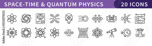 Space-Time and Quantum Physics Icons Set, A collection of 20 icons representing space-time concepts and quantum physics, ideal for science, physics, and astronomy projects.
