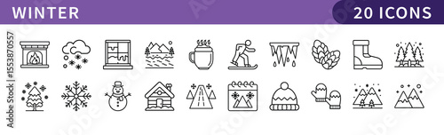 Winter Season Icons Set, A collection of 20 icons representing winter activities and symbols, ideal for cold weather, holiday, and seasonal projects.
