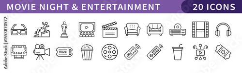 Movie Night and Entertainment Icons Set, A set of 20 icons representing movie night and entertainment essentials, perfect for film, media, and leisure-related projects.
