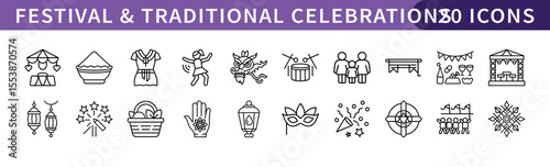 Festival and Traditional Celebration Icons Set, A collection of 20 icons representing various festivals and traditional celebrations, ideal for cultural, holiday, and event-related projects.
