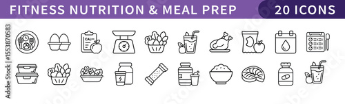 Fitness Nutrition and Meal Prep Icons Set, A set of 20 icons representing fitness nutrition and meal prep essentials, perfect for health, diet, and workout-related projects.

