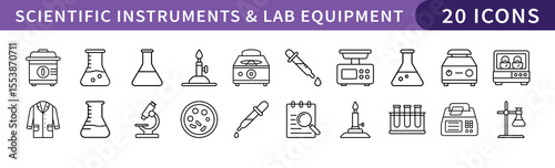 Scientific Instruments and Lab Equipment Icons Set, A collection of 20 icons representing scientific instruments and lab equipment, ideal for research and educational projects.
