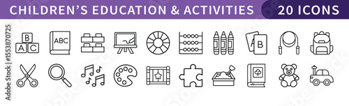Children's Education and Activities Icons Set, A set of 20 icons representing children's education and activities, ideal for educational tools and learning projects.
