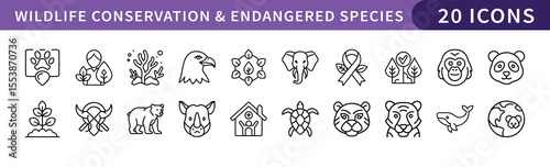 Wildlife Conservation and Endangered Species Icons Set, A set of 20 icons depicting wildlife conservation and endangered species, ideal for environmental and conservation-focused projects.
