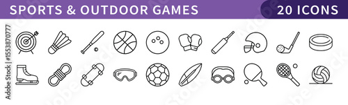 Sports and Outdoor Games Icons Set, Set of 20 minimalistic icons representing various sports and outdoor games, perfect for digital design and illustration.
