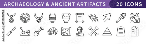Archaeology and Ancient Artifacts Icons Set, A collection of 20 icons depicting archaeology tools and ancient artifacts, ideal for historical and educational design projects.
