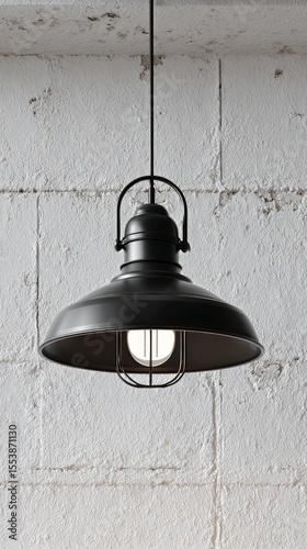 Stylish Black Pendant Lamp Hanging From Ceiling in Modern Interior Space.