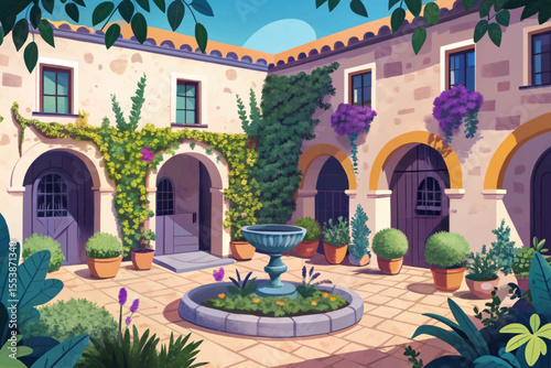 Ancient courtyard garden with weathered stone walls, creeping ivy, and rustic charm vector perfect for historic, medieval, or architectural nature themes