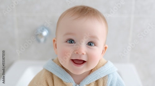 A joyful baby smiling brightly in a cozy towel, radiating happiness and innocence in a warm bathroom setting.