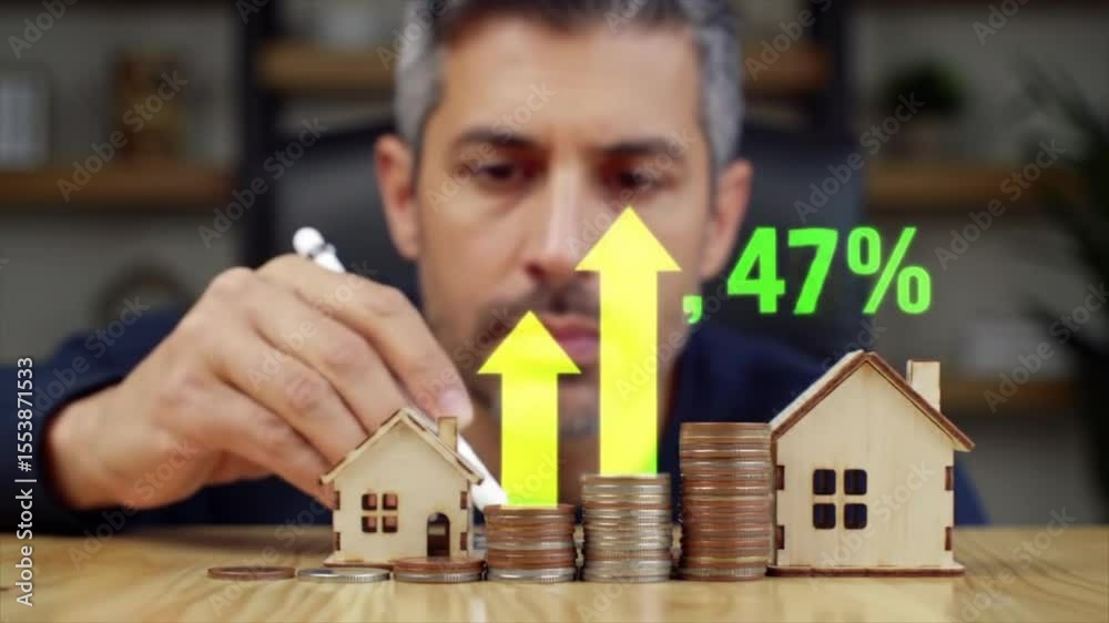 Real estate investor analyzing property value growth with stacked coins, houses, and upward arrows, representing rising mortgage rates, housing market trend, ROI, and smart investment strategy