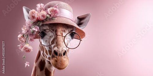 Fashionable portrait of a giraffe wearing pastel summer clothing