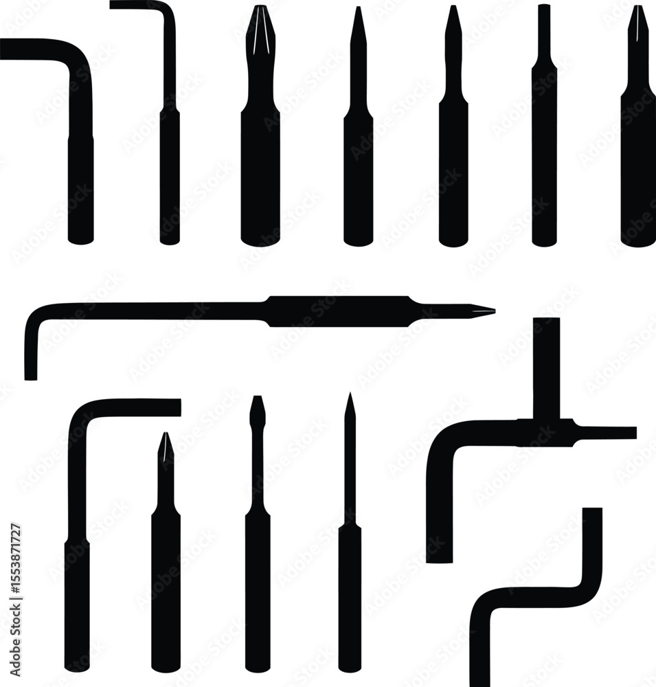 Obraz premium Comprehensive Allen wrench vector silhouettes: diverse L-shaped and screwdriver-style hex key tools, essential for assembly, repair, and mechanical tasks in various industries and DIY projects.