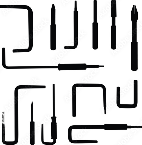 Comprehensive Allen wrench vector silhouettes: diverse L-shaped and screwdriver-style hex key tools, essential for assembly, repair, and mechanical tasks in various industries and DIY projects.
