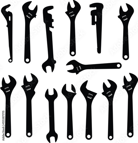 Adjustable wrench vector silhouettes: essential plumbing, mechanical, and automotive hand tools for gripping and turning various fasteners, ideal for versatile repair and construction projects.