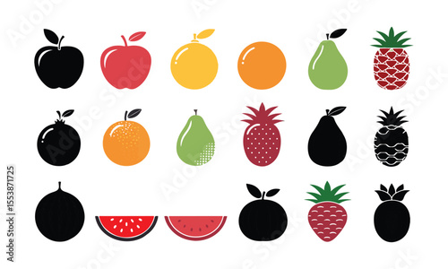 Assorted colorful fruit icons and silhouettes apple