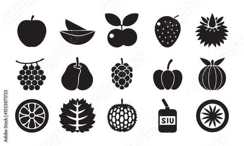 Black fruit and food icons on white background apple