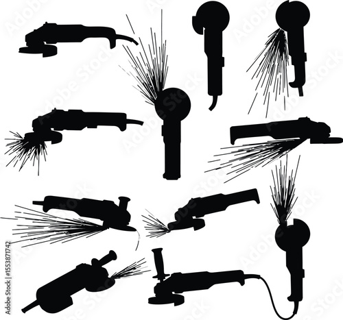 Dynamic angle grinder vector silhouettes with sparks: powerful abrasive tools for cutting, grinding, and polishing metal, concrete, and masonry in industrial and construction settings.