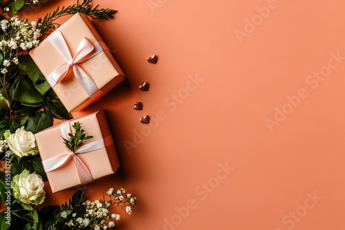 Elegant Gift Arrangement With Roses on Peach Background for Special Occasions.