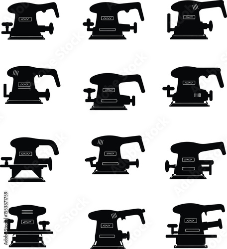 Belt sander vector silhouettes: essential woodworking and finishing power tools for smooth surfaces, removing material, and shaping in carpentry, DIY, and industrial workshops.
