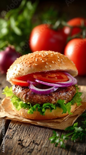 Freshly Prepared Burger With Vegetables on Wooden Table During Daylight Hours