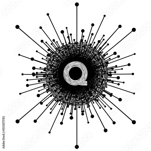 Abstract letter Q with radial lines and dots in tech style