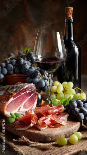 Delicious Charcuterie Board With Wine and Fresh Grapes Displayed on Rustic Wo...