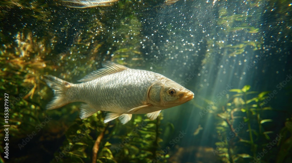 Fototapeta premium Silver fish gliding gracefully through clear aquatic plants under sunlight in a tranquil underwater environment