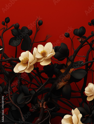 Dark Flower Design on Bright Red Background with Space for Text