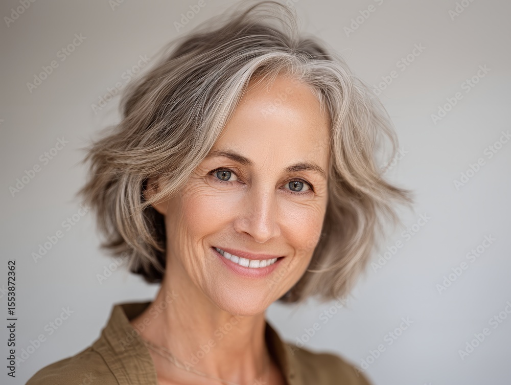 A joyful senior woman with gray hair smiles warmly, portraying positivity and wisdom in her expression. A joyful senior woman with gray hair smiles warmly, portraying positivity and wisdom in her expression.