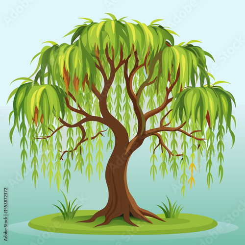 Willow tree with hanging leaves

