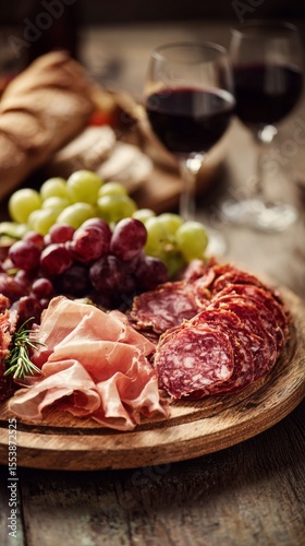 Assorted Meats and Fresh Grapes on Wooden Board With Wine Glasses in Warm Set...