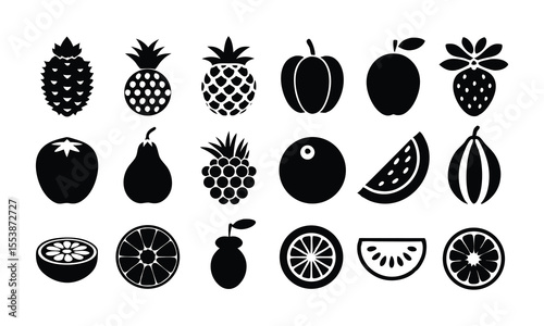 Collection of black fruit and vegetable icons silhouette