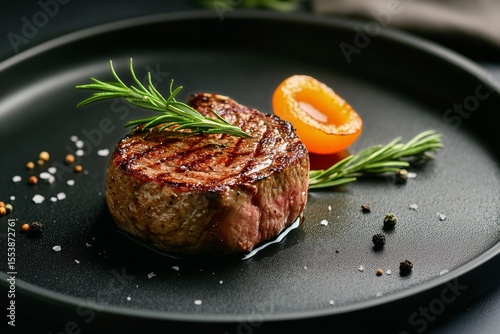 Juicy Steak Served With Grilled Apricots and Fresh Herbs on a Sleek Black Plate.