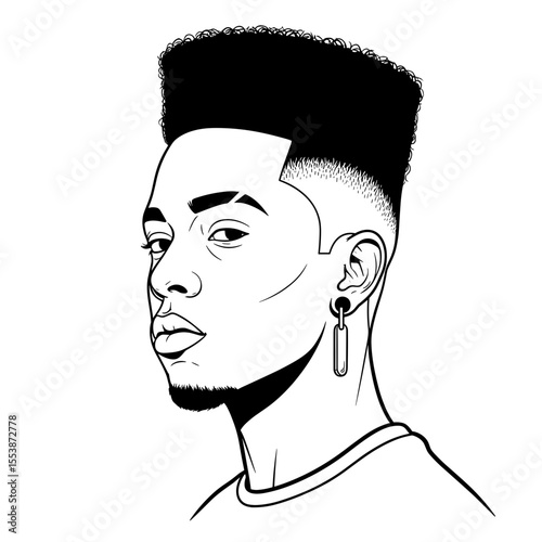 High top fade with clean edge-up and earrings Profile portrait of a man with a high top fade haircut and an earring, illustrated in black and white for barbershop theme.