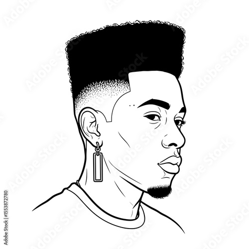 High top fade with clean edge-up and earrings Profile portrait of a man with a high top fade haircut and earrings, illustrated in black and white for barbershop theme.