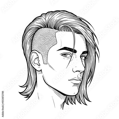 Profile portrait of a man with a long mohawk hairstyle and confident expression, illustrated in black and white for barbershop theme.