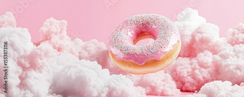 A pink frosted donut with colorful sprinkles floats among fluffy pink and white clouds against a pastel pink sky.