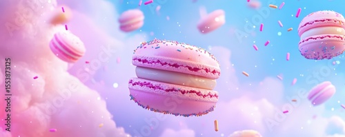 Pink macarons float among clouds and colorful sprinkles in a dreamy, pastel sky setting.