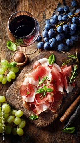 Delightful Charcuterie Board With Cured Meats, Grapes, and Red Wine at a Rust...