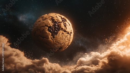A chocolate chip cookie floats in a cosmic scene, surrounded by clouds and stars, creating a surreal space-bakery fusion.