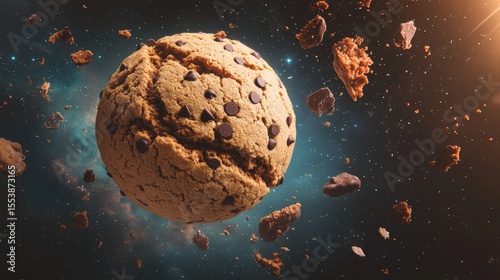 A large chocolate chip cookie floating in space, surrounded by cookie crumbs and debris against a cosmic backdrop.