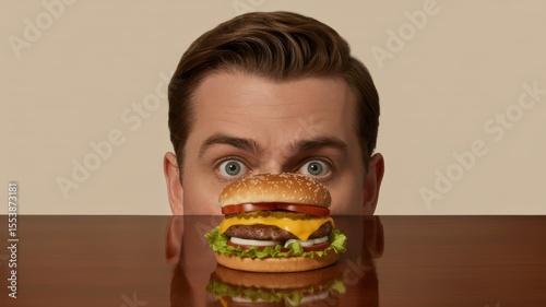 Young caucasian male looking at cheeseburger with surprise over wooden table