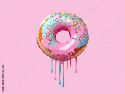 A colorful donut with pastel pink and blue icing drips and rainbow sprinkles against a solid pink background.